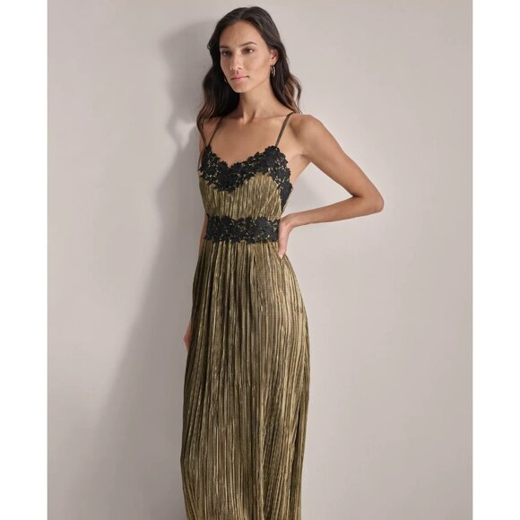 DKNY Women's Pleated Metallic Lace-Trim Sleeveless Gown Gold Size 14 - Picture 3 of 4